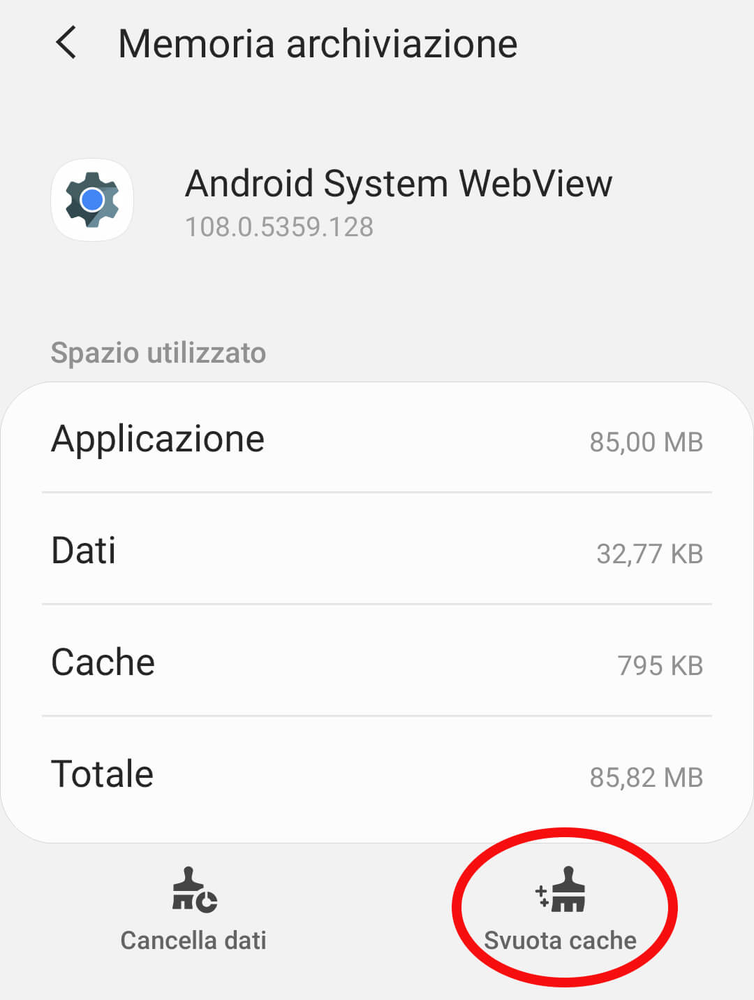 android system webview crash come risolvere svuota cache