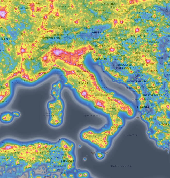 inquinamento luminoso mappa europa