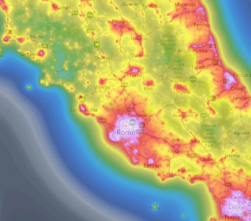 inquinamento luminoso mappa italia lazio roma