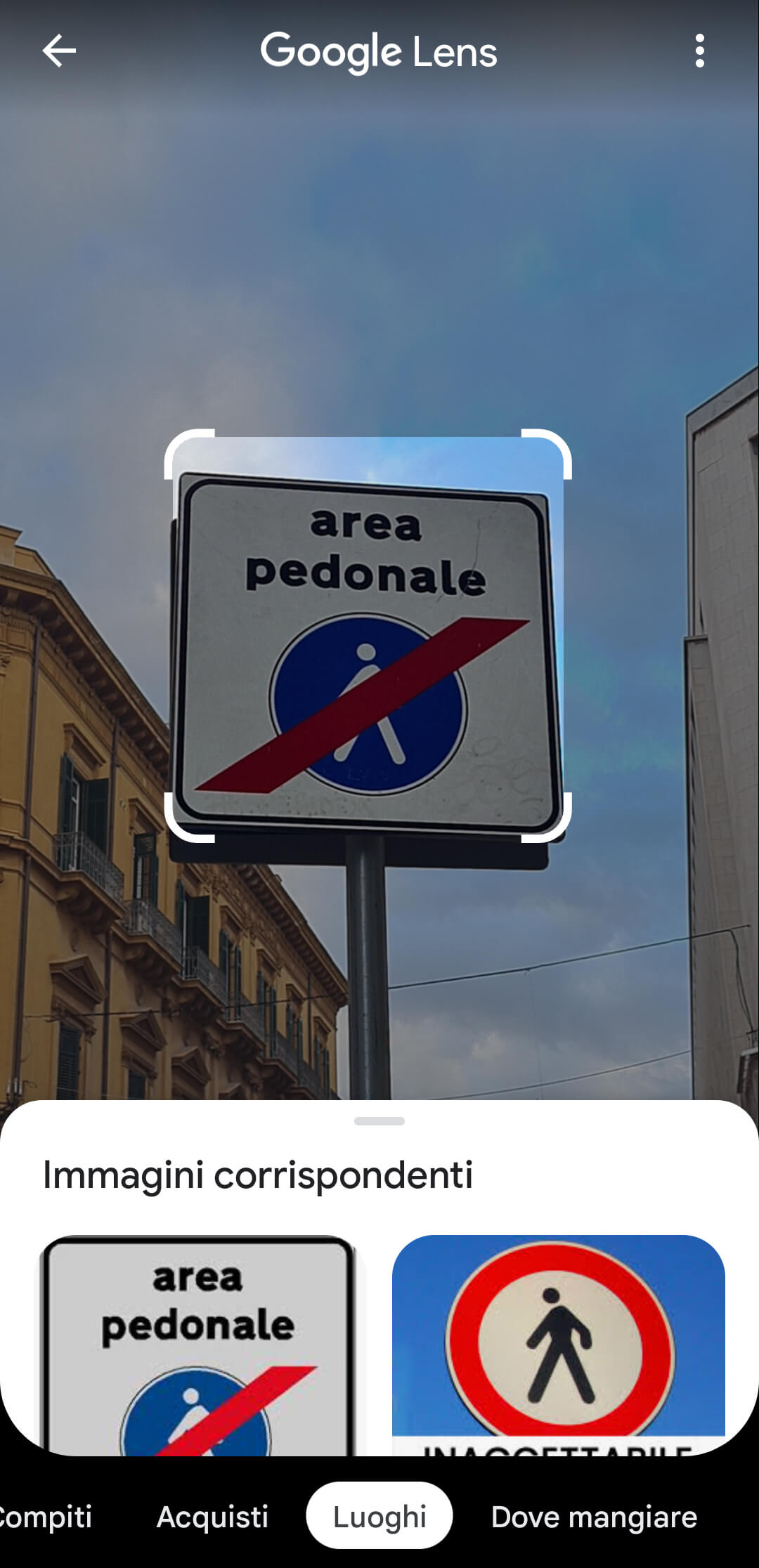 Tradurre testi da foto identificazione cartelli stradali area pedonale google lens